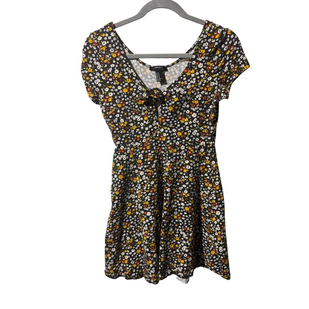 Forever 21 Womens Black Ditsy Floral Tie Front Mini Dress Short‎ Sleeve Medium